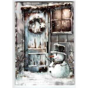 Vintage Snowman Christmas Wreath Lithograph Postcard 5.5x4 Inches